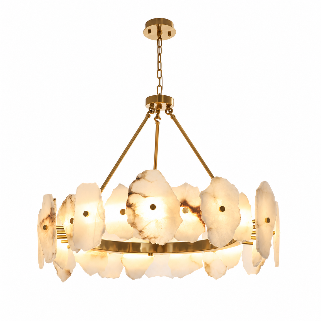 A modern multi-light chandelier featuring circular white agate or onyx flower-like shades with natural marbling, suspended by gold-toned brass rods and chain against a solid white background.