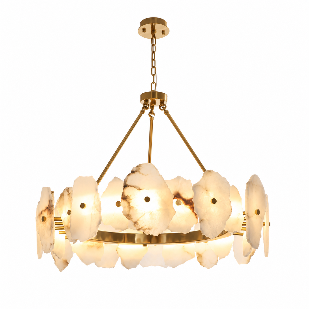 A modern multi-light chandelier featuring circular white agate or onyx flower-like shades with natural marbling, suspended by gold-toned brass rods and chain against a solid white background.