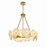 A modern multi-light chandelier with a brushed gold metal frame and five organic-shaped white glass shades, suspended by a chain against a solid white background.