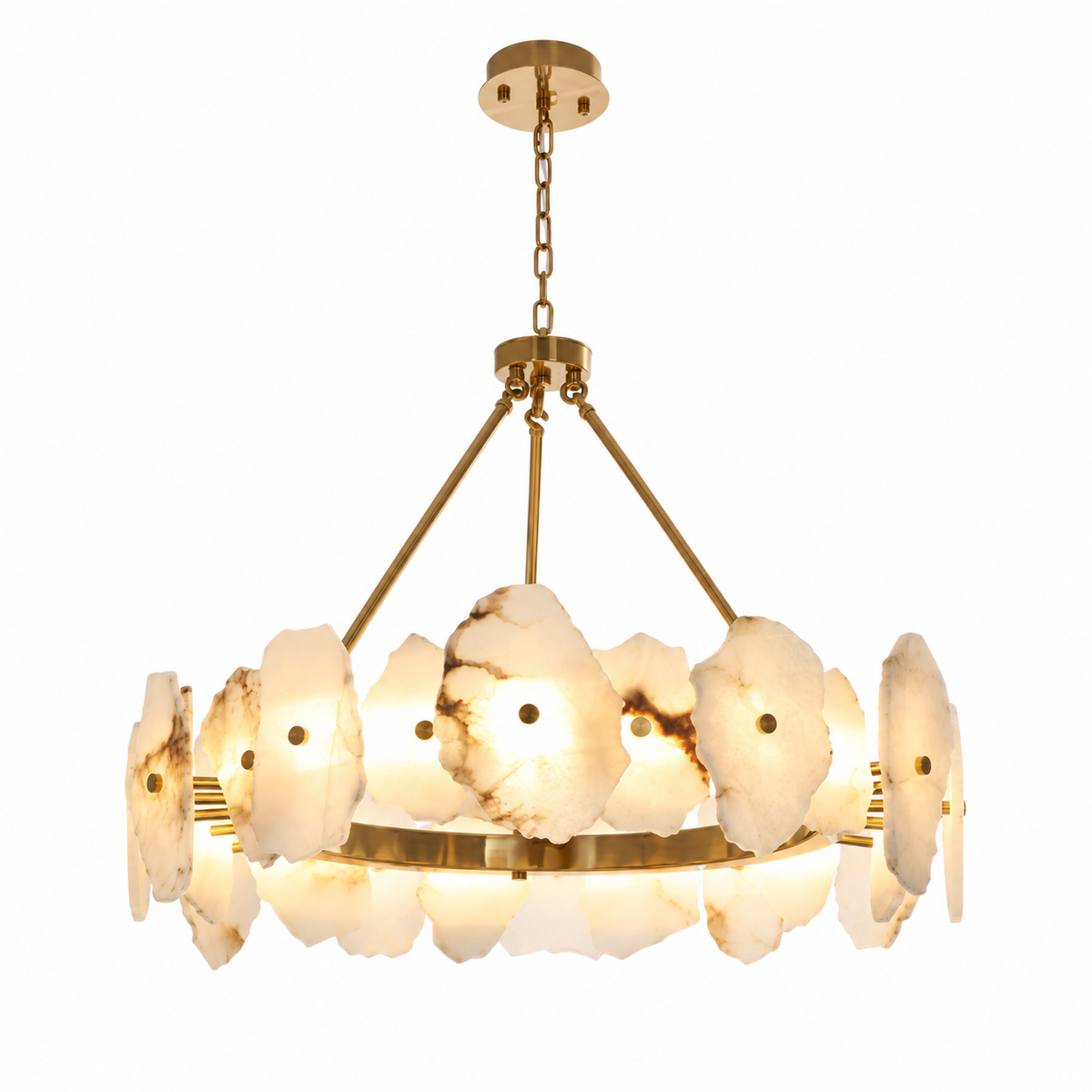A modern multi-light chandelier featuring irregular white onyx stone petals suspended in a circular ring from a brushed gold metal frame and chain.
