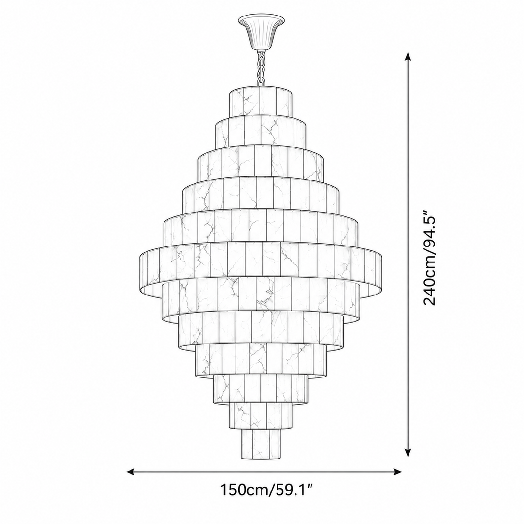 A line drawing of a tiered chandelier with dimension arrows and labels showing a height of 240cm (94.5") and a width of 150cm (59.