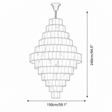 A line drawing of a tiered chandelier with dimension arrows and labels showing a height of 240cm (94.5") and a width of 150cm (59.