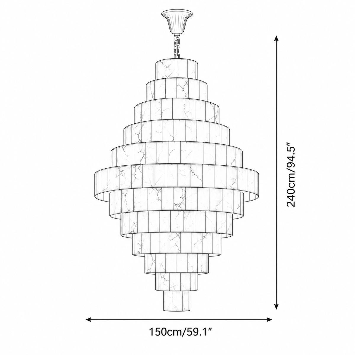 A line drawing of a tiered chandelier with dimension arrows and labels showing a height of 240cm (94.5") and a width of 150cm (59.
