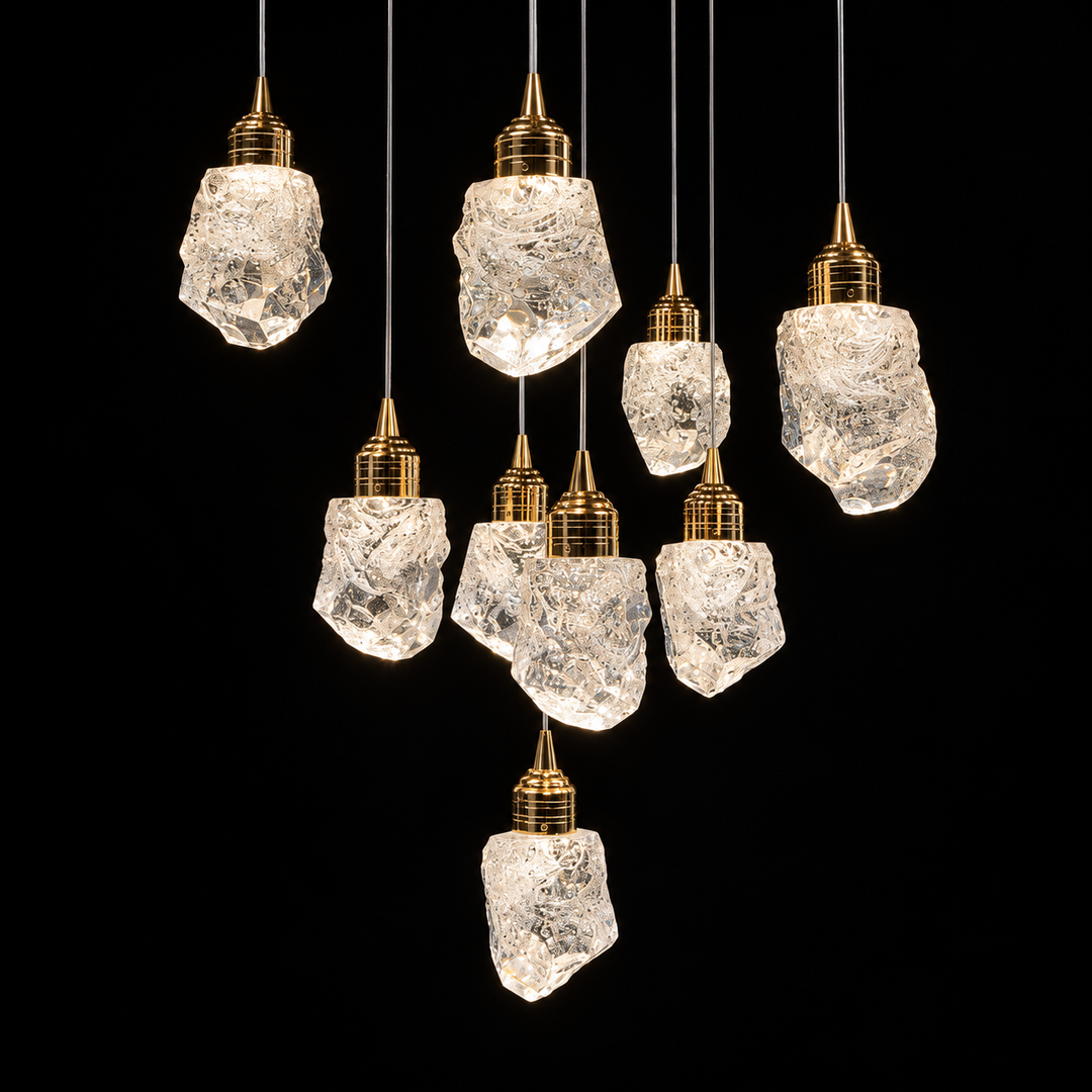 A nine-light chandelier features textured clear crystal shades with gold caps suspended at varying heights against a black background.