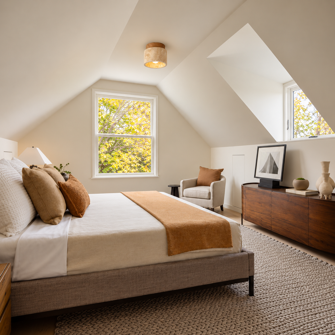 Beige travertine and wood flush mount light glowing above a neutral attic bedroom with sloped ceilings and white bedding.