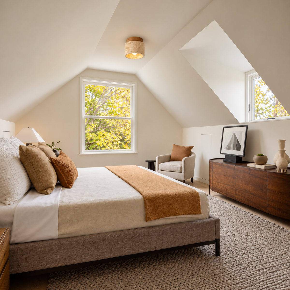 Beige travertine and wood flush mount light glowing above a neutral attic bedroom with sloped ceilings and white bedding.