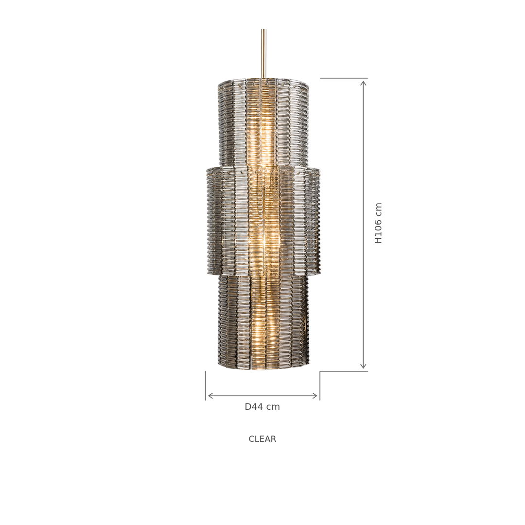 Clear ribbed glass chandelier glowing against a white background, with dimension arrows showing 44 cm diameter and 106 cm height.