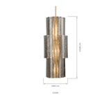 Clear ribbed glass chandelier glowing against a white background, with dimension arrows showing 44 cm diameter and 106 cm height.
