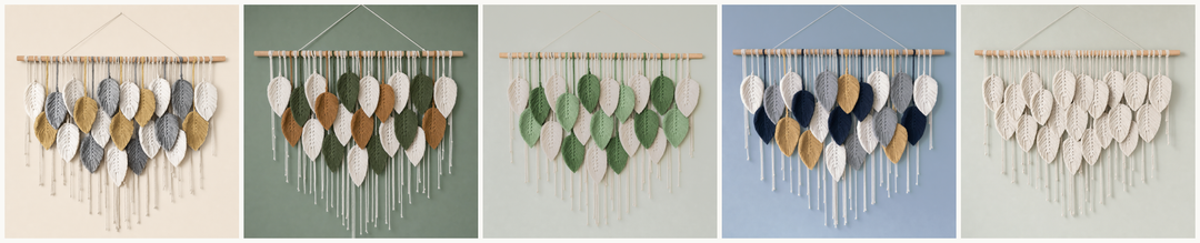 All 5 colorways side by side: cream, gray and mustard; cream, forest green and caramel; cream and two greens, no warm tones; cream, navy, gold and gray; undyed cream throughout, the only single-color option