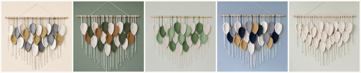 All 5 colorways side by side: cream, gray and mustard; cream, forest green and caramel; cream and two greens, no warm tones; cream, navy, gold and gray; undyed cream throughout, the only single-color option