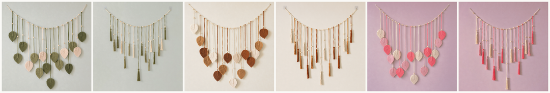 All 6 colorways side by side: Green - Leaf, Green - Tassel, Khaki - Leaf, Khaki - Tassel, Pink - Leaf, Pink - Tassel