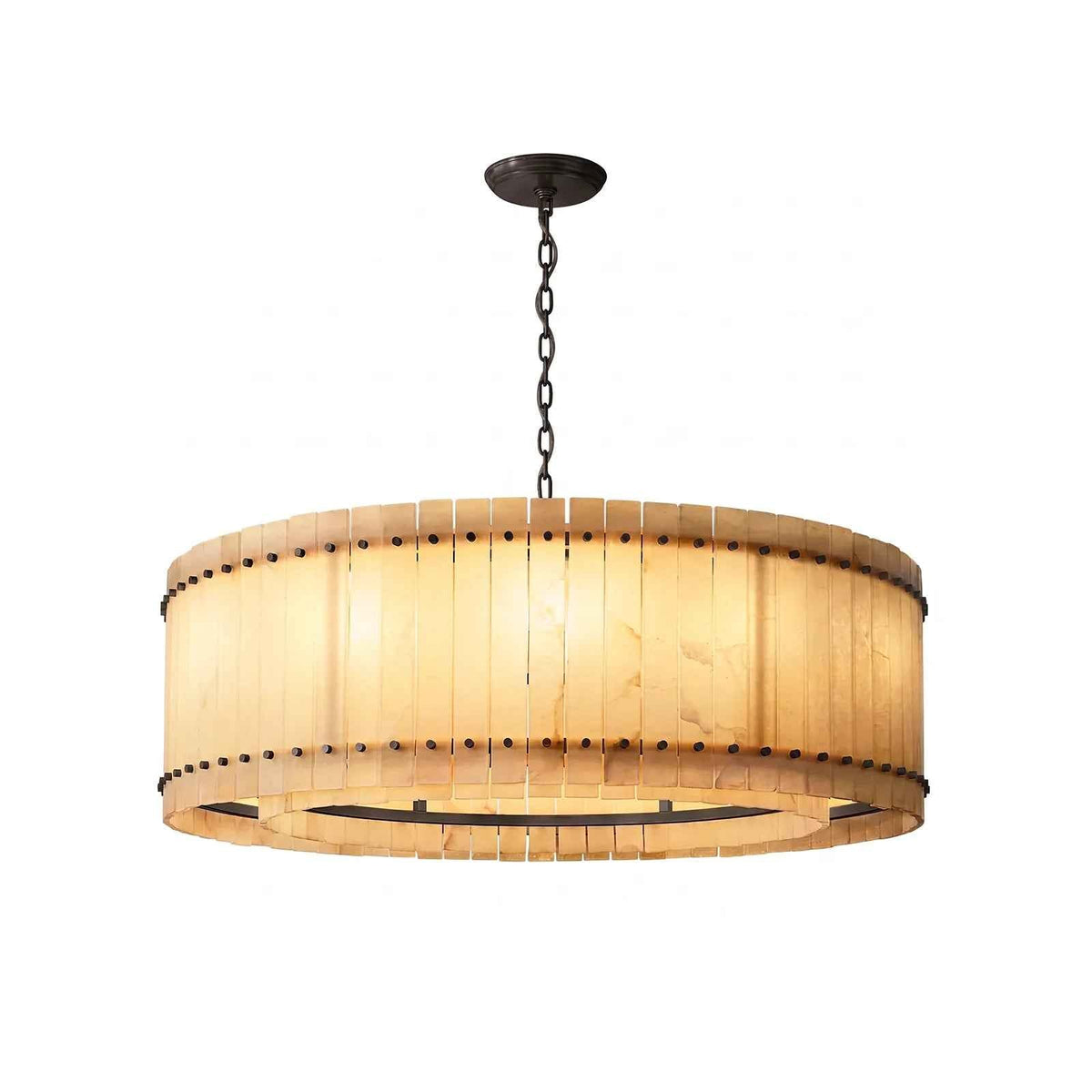 A large drum-shaped pendant chandelier with a warm glowing cylindrical shade made of vertical wood slats, accented by dark metal bands and rivets, suspended by a chain from a matching ceiling canopy.