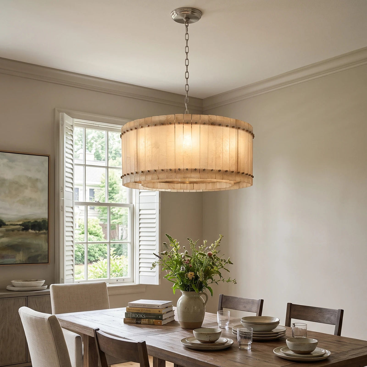 A round chandelier with glowing cream alabaster panels hangs above a wooden dining table beside a shuttered window.