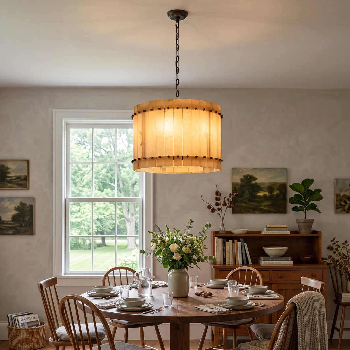 A round chandelier with glowing cream alabaster panels hangs above a round wooden table surrounded by spindle-back chairs.