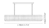 Black line drawing shows a linear chandelier with vertical panels and two suspension chains, labeled 182 cm long and 26 cm high.