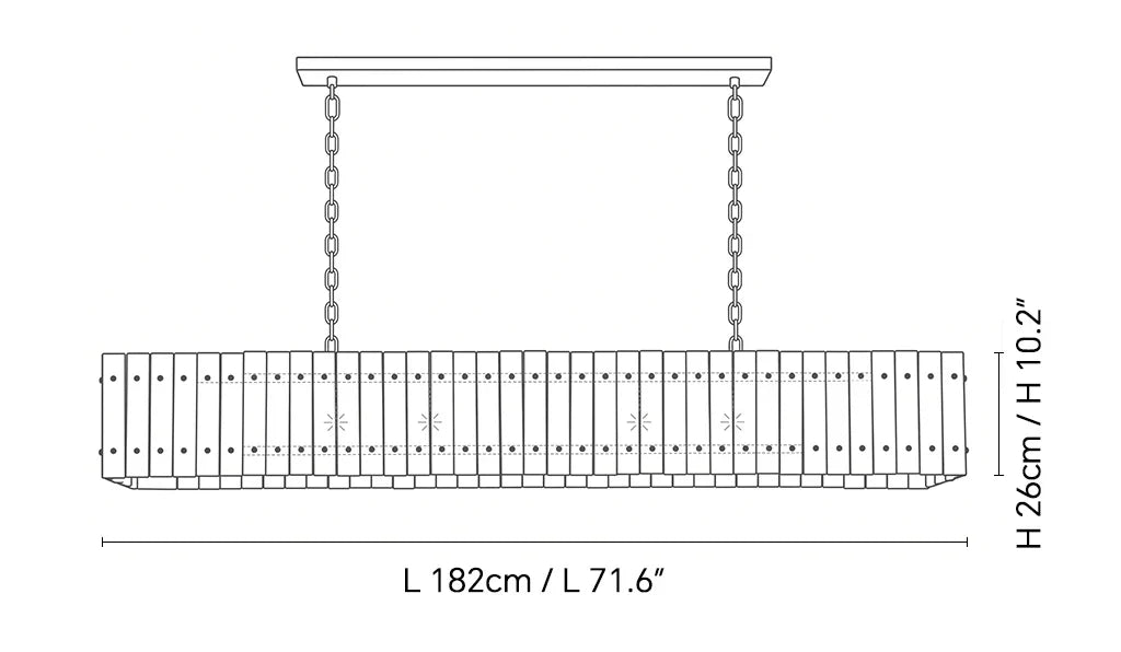 Black line drawing shows a linear chandelier with vertical panels and two suspension chains, labeled 182 cm long and 26 cm high.