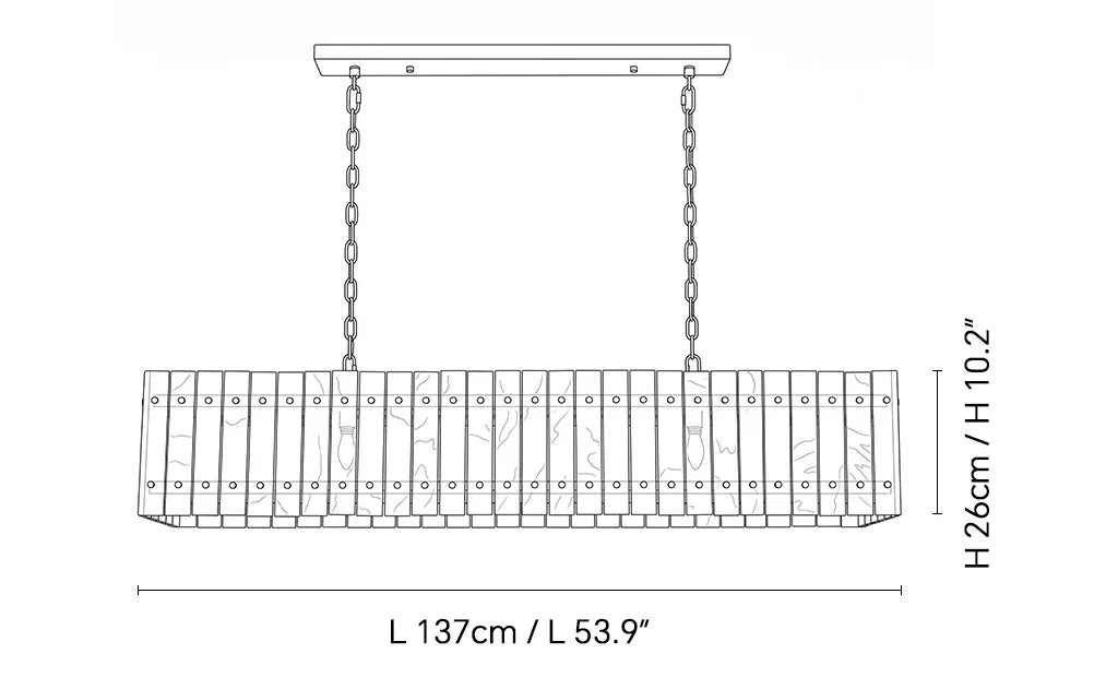 Black line drawing shows a linear alabaster chandelier suspended by two chains, labeled 137 cm long and 26 cm high.