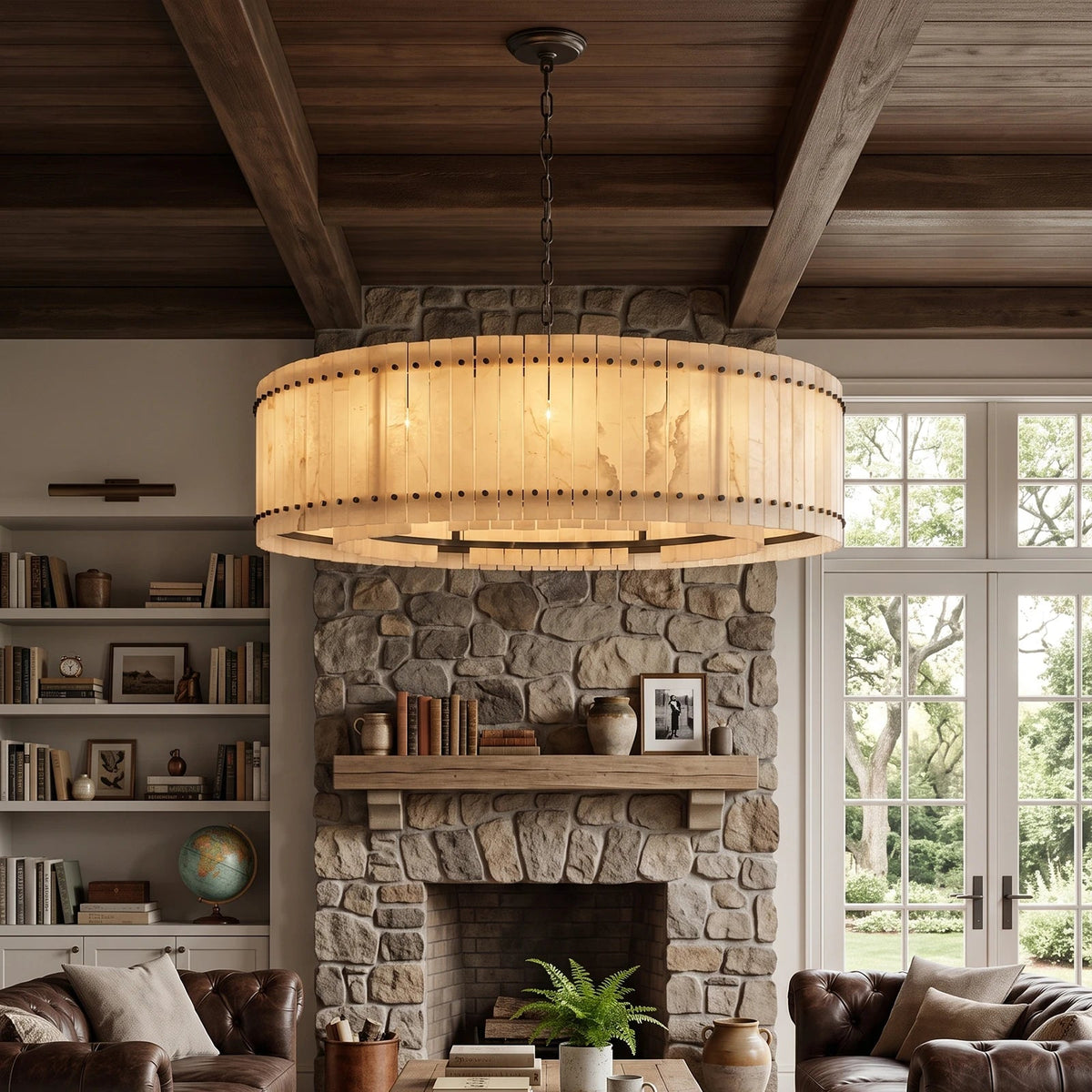 A large round pendant chandelier with a warm beige woven shade hangs over a stone fireplace in a rustic living room with wood ceiling beams and leather sofas.