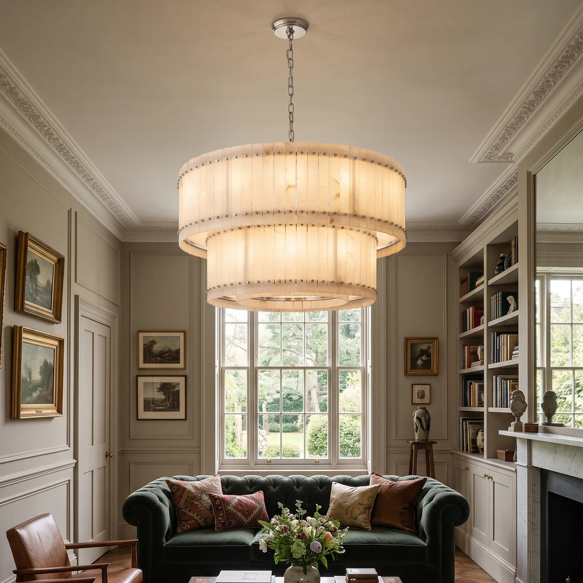 A large tiered drum pendant chandelier with a warm cream fabric shade and brass-toned metal accents, hanging in a classic, elegant living room with a green sofa and bookshelves.