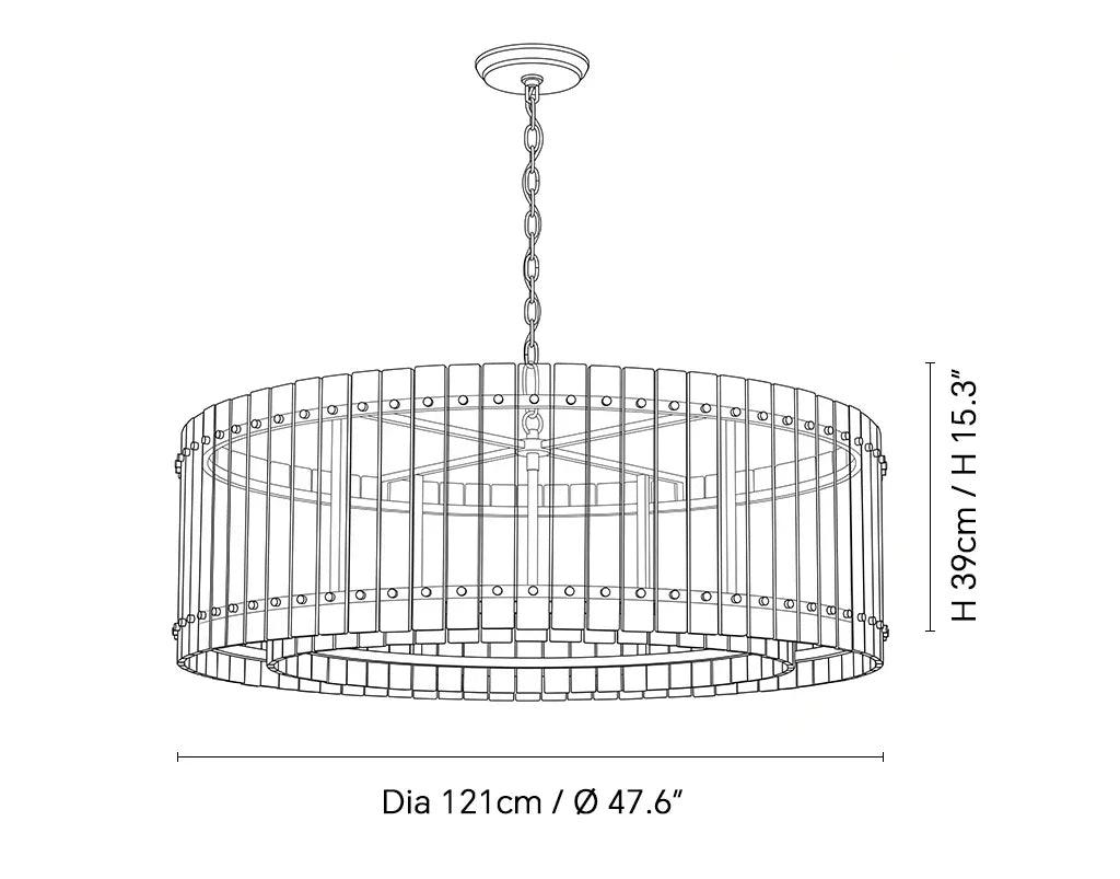 A line drawing of a hanging cylindrical cage-style chandelier with dimension labels showing a diameter of 121 cm (47.6 inches) and a height of 39 cm (15.
