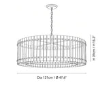 A line drawing of a hanging cylindrical cage-style chandelier with dimension labels showing a diameter of 121 cm (47.6 inches) and a height of 39 cm (15.