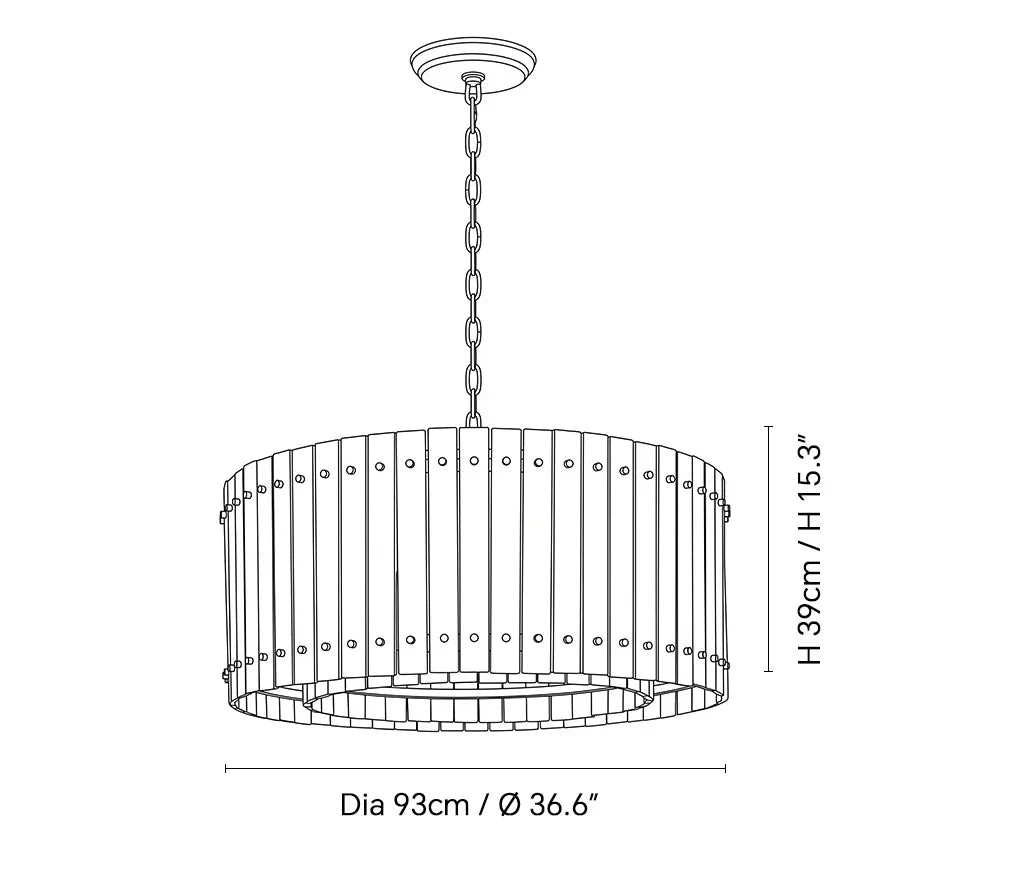 Black line drawing shows a round chandelier with chain suspension, labeled 93 cm in diameter and 39 cm high.