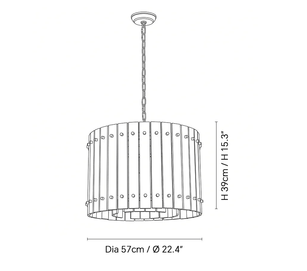 Black line drawing shows a round chandelier with chain suspension, labeled 57 cm in diameter and 39 cm high.