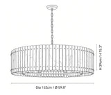 Line drawing of a round pendant chandelier with dimension labels showing a diameter of 152 cm (59.8 inches) and a height of 39 cm (15.