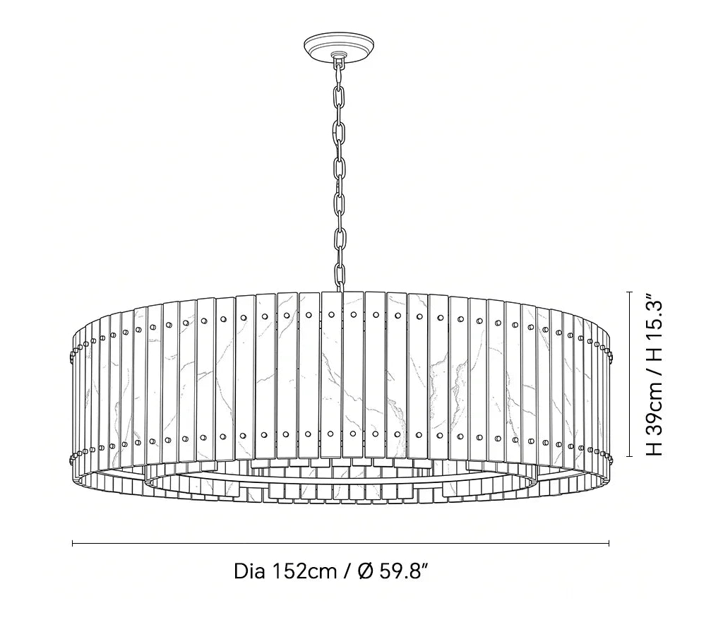 Line drawing of a round pendant chandelier with dimension labels showing a diameter of 152 cm (59.8 inches) and a height of 39 cm (15.