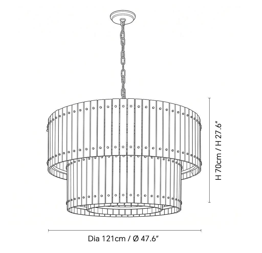 Black line drawing of a two-tier cylindrical chandelier with hanging chain and dimension labels showing diameter 121cm and height 70cm on a white background.