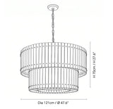 Black line drawing of a two-tier cylindrical chandelier with hanging chain and dimension labels showing diameter 121cm and height 70cm on a white background.