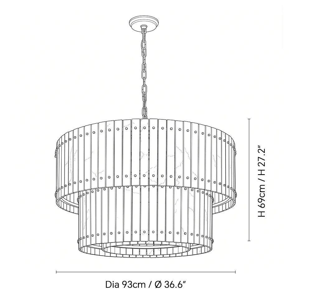 Black and white line drawing of a two-tiered industrial-style chandelier with dimension labels indicating a diameter of 93cm (36.6 inches) and a height of 69cm (27.