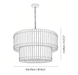 Black and white line drawing of a two-tiered industrial-style chandelier with dimension labels indicating a diameter of 93cm (36.6 inches) and a height of 69cm (27.