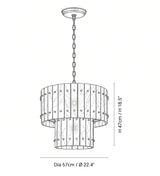 Black and white line drawing of a hanging chandelier with dimension labels showing diameter 57 cm / 22.4 inches and height 47 cm / 18.