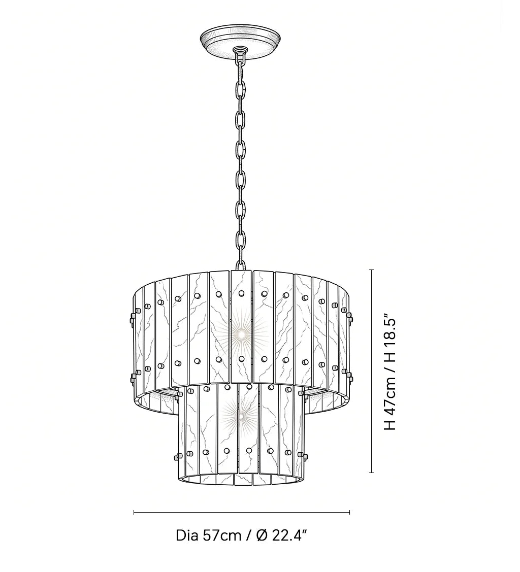 Black and white line drawing of a hanging chandelier with dimension labels showing diameter 57 cm / 22.4 inches and height 47 cm / 18.