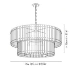 Black and white line drawing of a two-tiered cage-style chandelier with dimension labels showing a diameter of 152cm (59.8 inches) and a height of 70cm (27.
