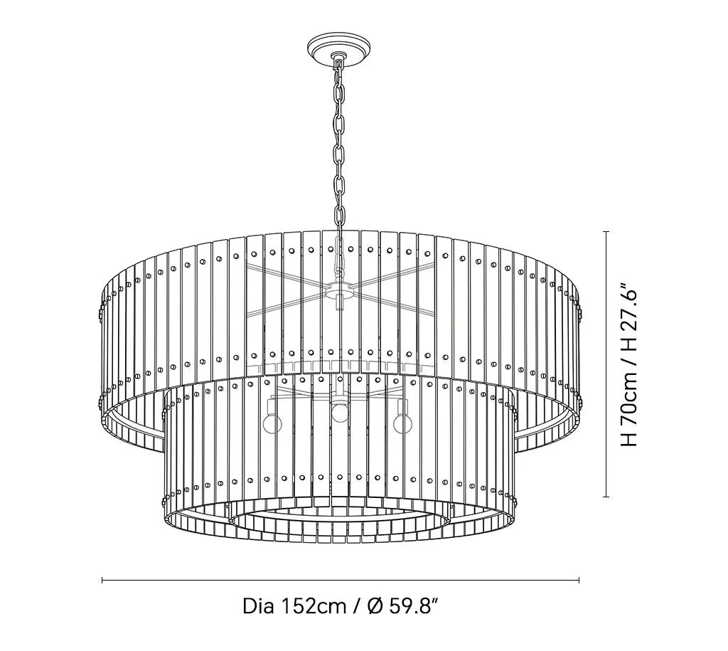 Black and white line drawing of a two-tiered cage-style chandelier with dimension labels showing a diameter of 152cm (59.8 inches) and a height of 70cm (27.