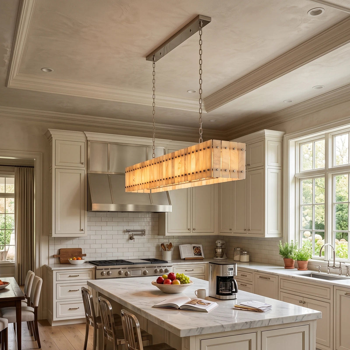 A rectangular alabaster chandelier hangs from two chains above a marble-topped kitchen island surrounded by white cabinetry.