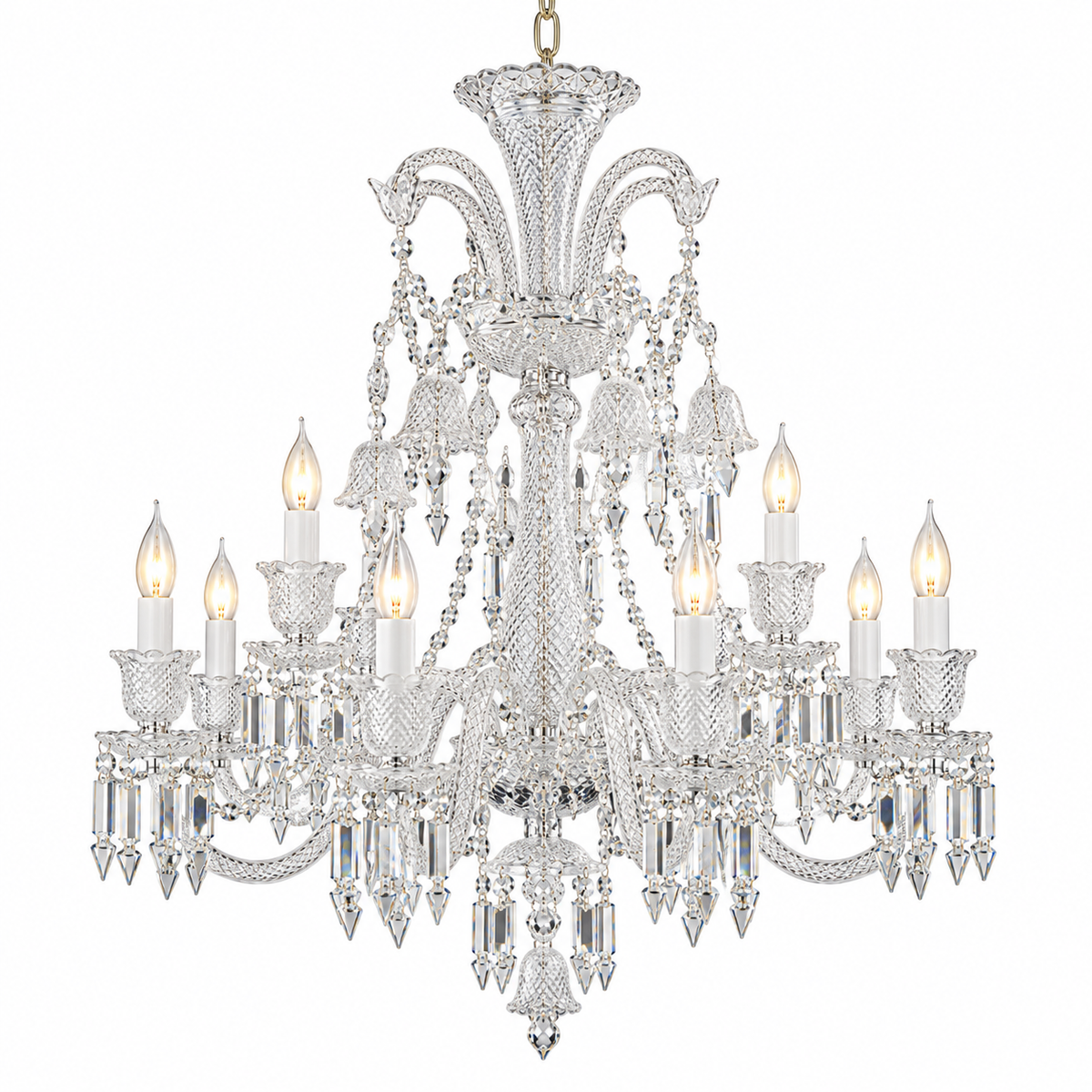 A multi-tiered crystal chandelier with a silver-tone metal frame, adorned with clear faceted glass drops and candle-style bulbs, shown against a plain white background.