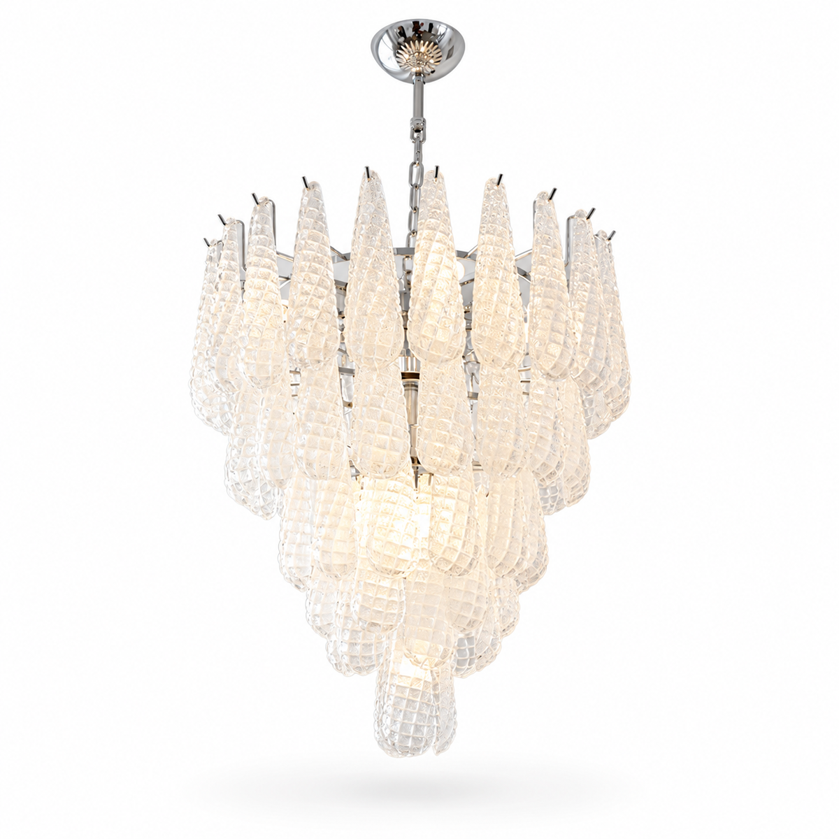 A modern multi-tier chandelier with textured, teardrop-shaped clear glass shades and a polished silver/chrome metal frame and canopy, shown against a plain white background.