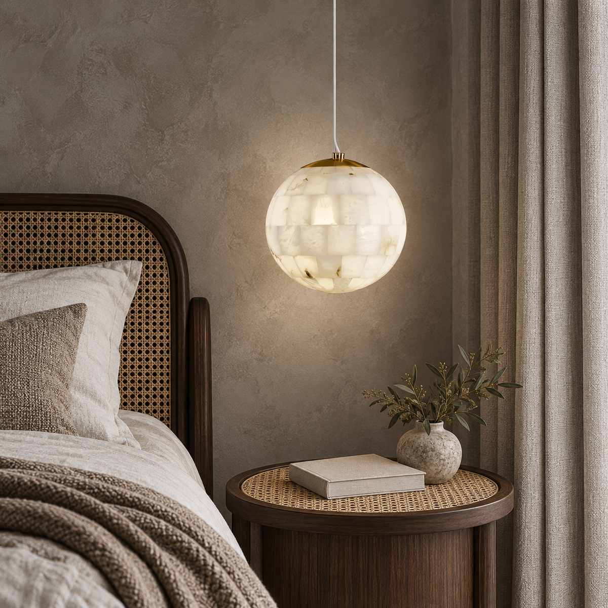 A spherical pendant light with a textured, translucent shell-like glass shade hangs over a bed in a styled bedroom. The light glows with a warm, soft light, while the room features a dark wood headboard, neutral bedding, a round side table with a book and small vase, and textured gray walls and curtains.