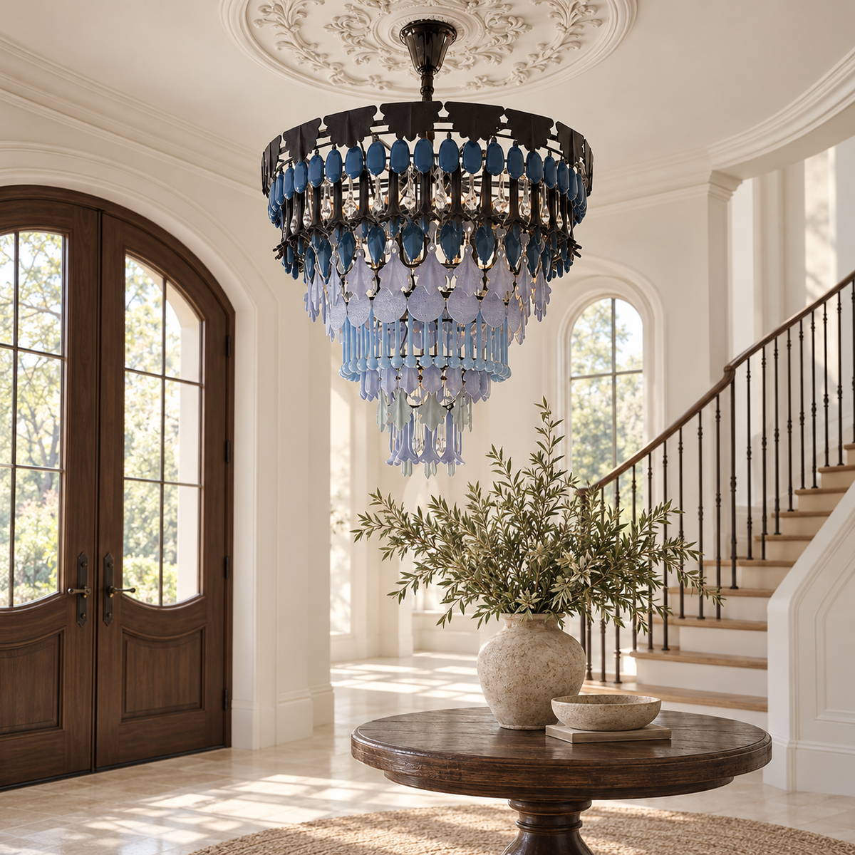 A large circular chandelier with blue and light blue hanging crystal-like beads and dark metal hardware, suspended in a bright entryway with a staircase, arched windows, and a round wooden table in the foreground.