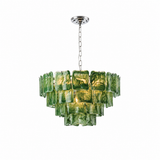 A modern multi-tiered chandelier featuring textured green glass square panels, suspended from a polished silver-tone ceiling canopy and chain against a solid white background.