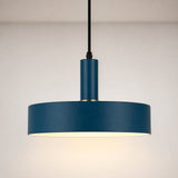A modern pendant light with a matte navy blue cylindrical shade and a black hanging cord, shown against a neutral light gray background.