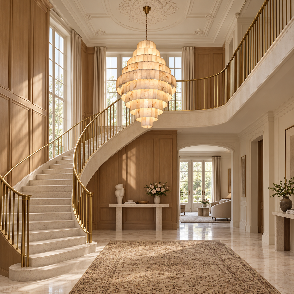 A grand interior staircase with white marble steps and gold-toned railings, illuminated by a large tiered chandelier hanging in the center of a high-ceilinged foyer. The space features warm wood paneling, a patterned area rug, and elegant architectural details.