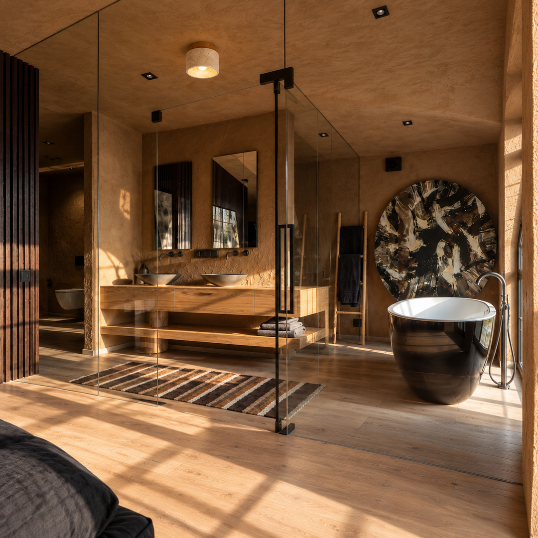 Illuminated travertine and wood flush mount light above a glass bathroom partition, with a wooden vanity and black bathtub.