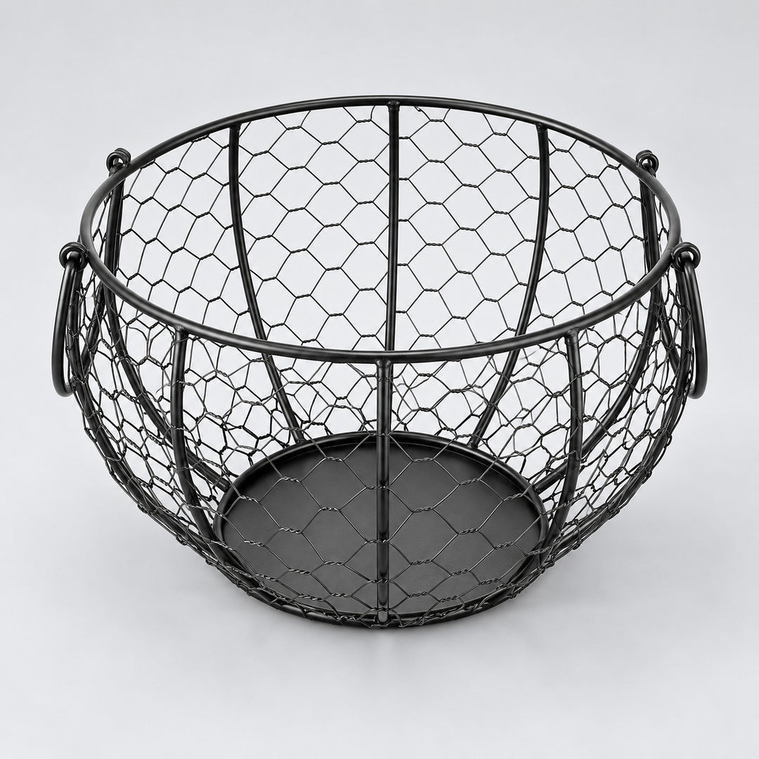 Empty black wire egg basket showing its open top and solid base.