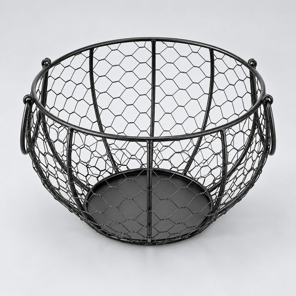 Empty black wire egg basket showing its open top and solid base.