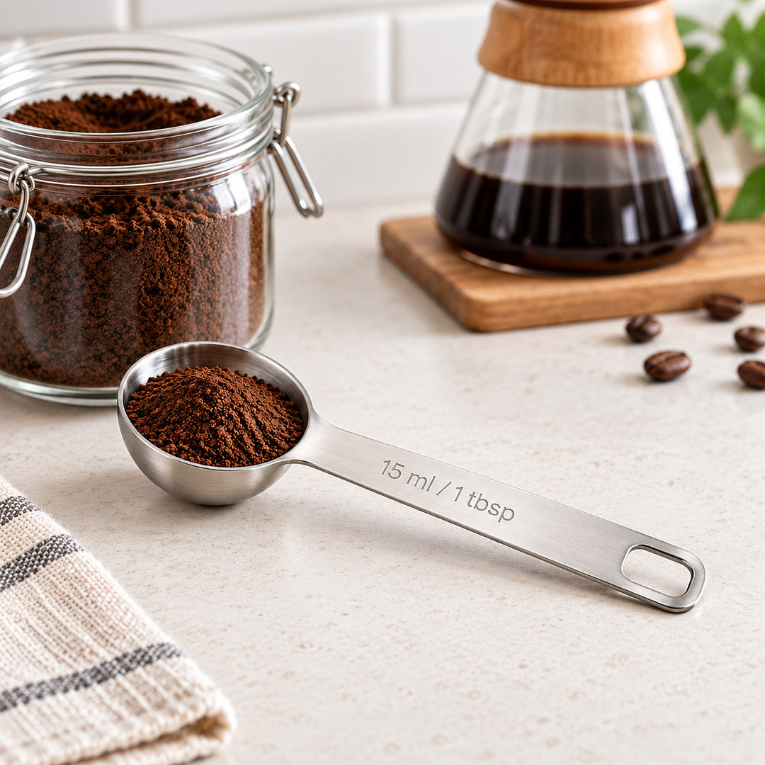 Stainless-steel 15 ml measuring spoon holding ground coffee beside a coffee jar.