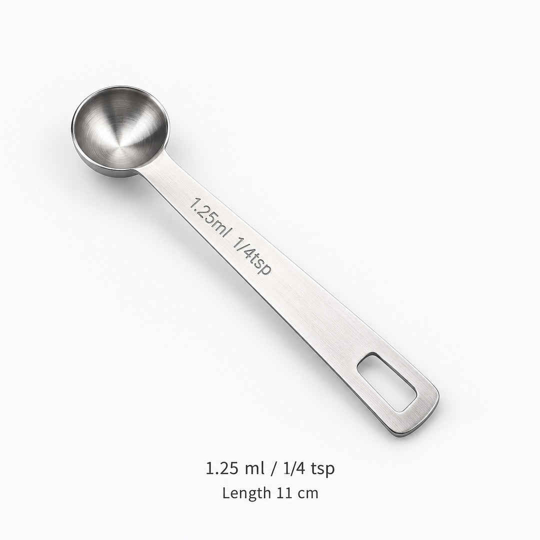 Stainless-steel 1.25 ml / 1/4 tsp measuring spoon, 11 cm long.